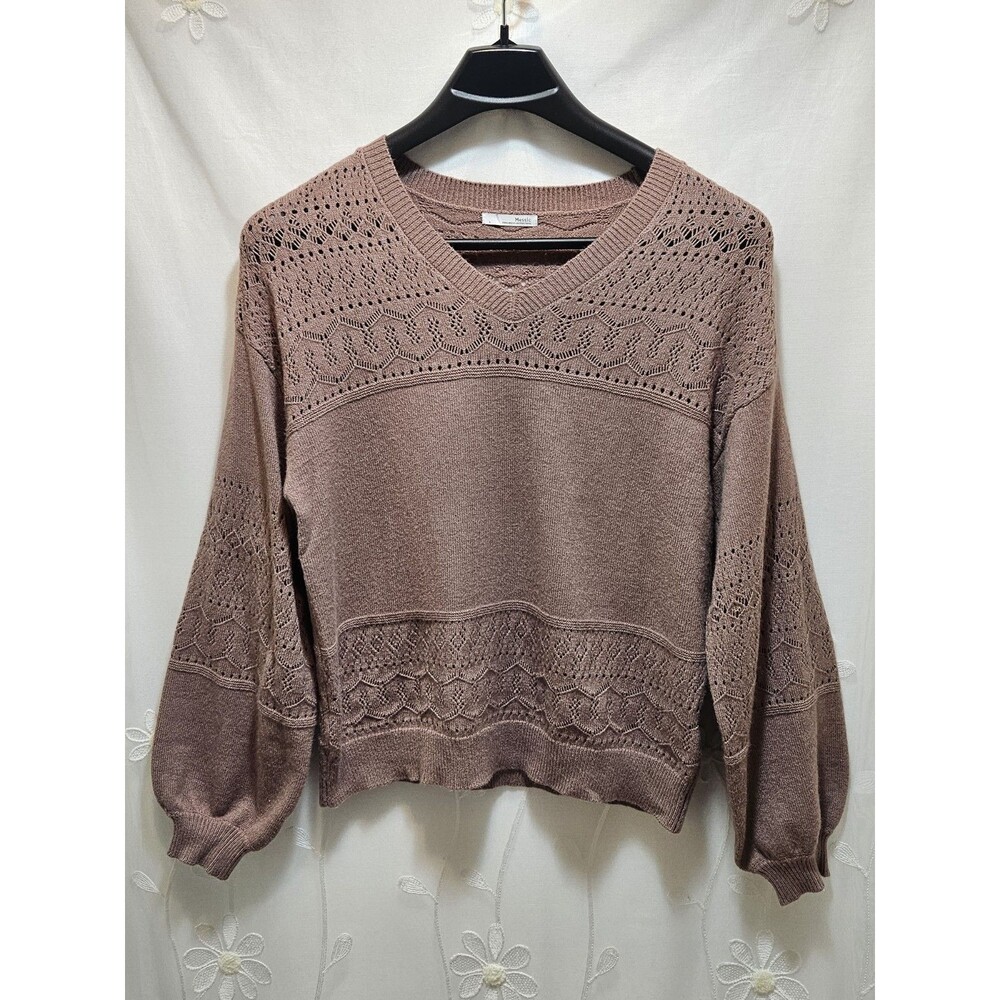 Messic Womens Large Brown Sweater Crochet Ribbed Winter Casual Lightweight Soft